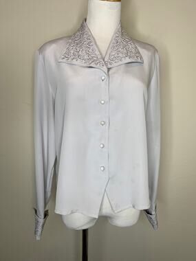 Vintage Gray Blouse Embroidered Beaded Open Collar Sz 8